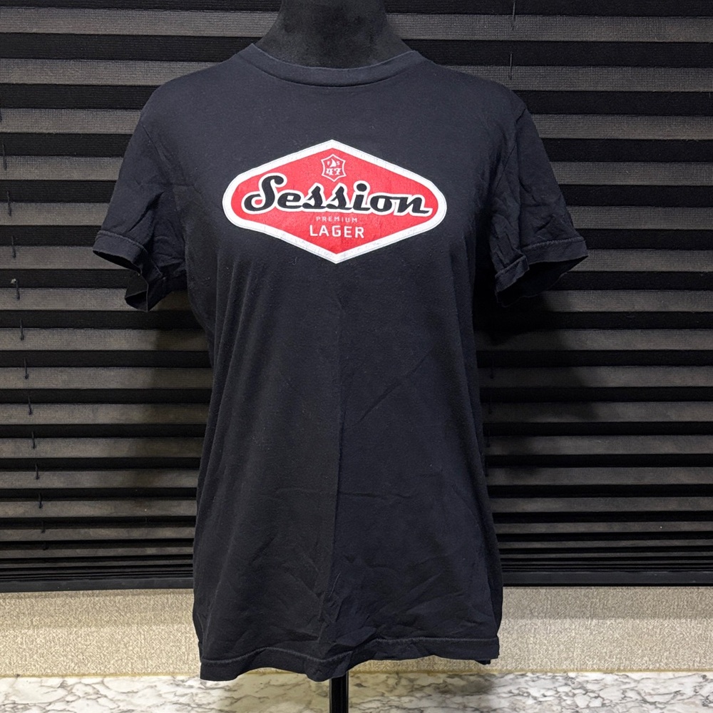 Y2K SESSIONS Women Black Logo Front SS Full Sail Brewing Beer T-Shirt SZ XL